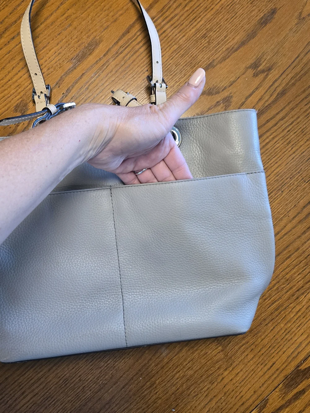 Michael Kors Pebbled Leather Tote in Light Gray with Beige Straps